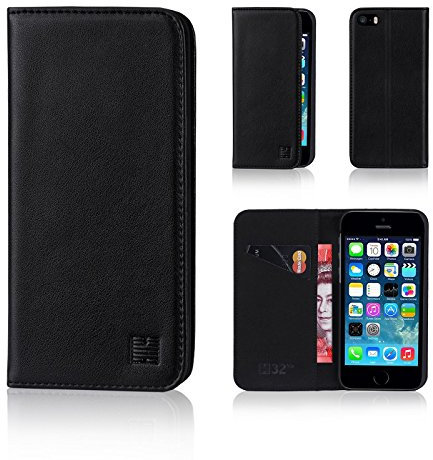 32nd Serie Classica - Custodia a Portafoglio in Pelle Vera per Apple iPhone 5, 5S & SE (2016), Case con Diversi Comparti, Chiusura Magnetica e Supporto Integrato - Nero