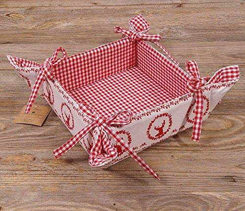 RESI Corbeille à pain rectangulaire en tissu 20 x 20 cm - Rouge à carreaux et motif cerf - Durable en 100 % coton - Lavable à 30 °C - Style maison de campagne pour pain, petits pains, pâtisseries ou