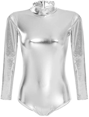 Odizli Body da donna a maniche lunghe in vernice effetto bagnato lucido metallico monopezzo per sport body da balletto top costume, argento, L