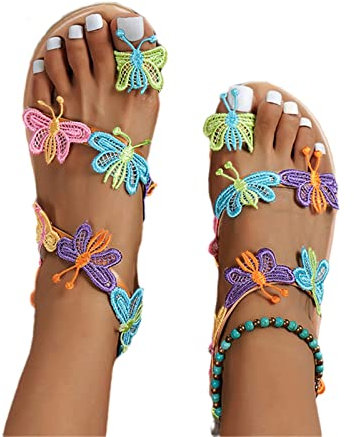Sandali Piatti Da Studente Infradito Bohemia Con Farfalle Colorate Sandals Separatori Estivi In ​​pelle PU Flip-Flops Romani D'epoca Scarpe Da Spiaggia Casual Da Donna ( Color : Brown , Size : 37 EU )