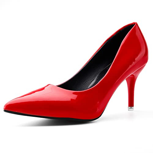 Womens Court Shoes Kitten Heels Pointed Pumps Elegant Stilettos Classic Wedding Shoe Patent Leather Mid-Heeled Shoes Red