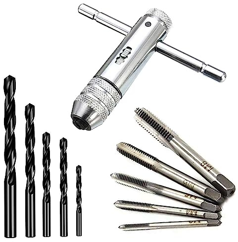 Adjustable T-Handle Tap Wrench Set，with 5 pcs M3 M4 M5 M6 M8 Machine Thread Taps Set & 5 pcs 0.25mm-0.7mm Twist Drill Bit Set，Tapping Threading Tool Set，Metric Ratchet tap Handle Set