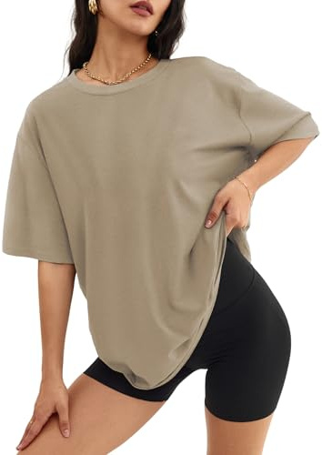 ATHMILE Womens Summer Spring Oversized T Shirts Loose Fit Crewneck Short Sleeve Tops Casual Blouse Y2K 2024 Basic Tee Khaki