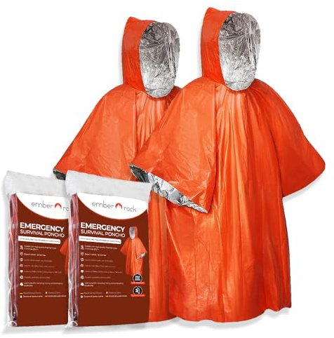 Ember Rock Emergency Survival Rain Poncho - 2 Pack Thermal Mylar Foil Blanket - Reversible Waterproof Heat Retention Rain Protection - Bushcraft Outdoor Gear