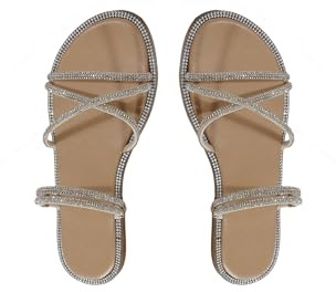 OYOANGLE Women's Rhinestone Strappy Open Toe Slide Sandals Slip on Casual Flat Sandals Apricot CN41