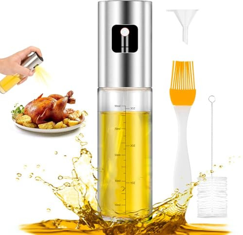 Aurldpio Oil Sprayer Dispenser Oil Spray Bottle Vinegar Sprayer Dressing Spray with Brush Portable Grilling Olive Oil Glass Bottle 100ml Kitchen Gadgets for Salad Baking BBQ Air Fryer Roasting