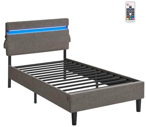 VASAGLE Lit Simple en Métal, 90 x 190 cm, Cadre de Lit, Tête de Lit Rembourré Réglable, Éclairage LED, Prise Port USB et Type-C, Style Moderne, pour Chambre d’Amis, Adolescent, Gris Foncé RMB801G71V1