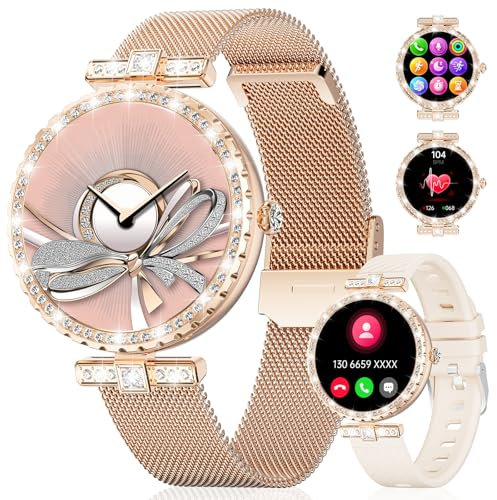ESFOE Montre Connectée Femme Ronde,1,19 AMOLED Smartwatch Femme avec Appel Bluetooth,Fonction Féminine IP68 120+ Modes Sportifs Podometre,Diamond Montre Connectée Android iOS Maille
