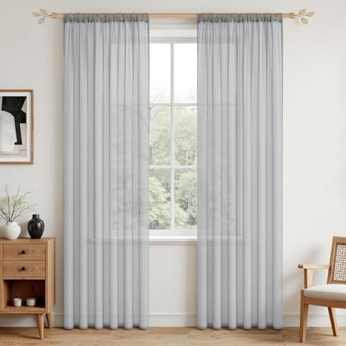 MRTREES Tenda Grigio 140x240 cm (L x A), Set da 2 Pezzi Semitrasparente per Camera da Letto, con Passante per Bastone, Aspetto Lino, Tende Moderne Trasparenti Alte 240 cm