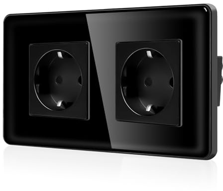 CNBINGO Enchufe doble de cristal para empotrar – Doble enchufe Schuko con placa de cristal curvado 2,5D – 16 Amp – Enchufe de pared con protección de seguridad para niños – 2 compartimentos negro