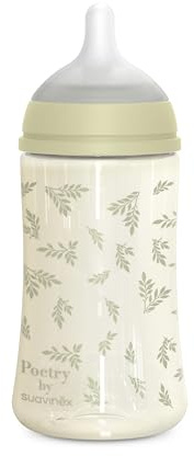 Suavinex, Biberon 270 ml, avec Tétine Symétrique SX Pro en Silicone, avec Valve Anticolique, Débit Moyen (M), pour Liquides de Densité Moyenne, Lait, Jus ou Eau. Bébés +3 Mois. Poetry, Vert