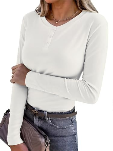 Terecey Camiseta Básica Mujer Manga Larga Cuello en V con Botones | Suave, Elegante, Punto, Casual, Oficina, Tacto Ligero y Flexible, Blusa, Sólido