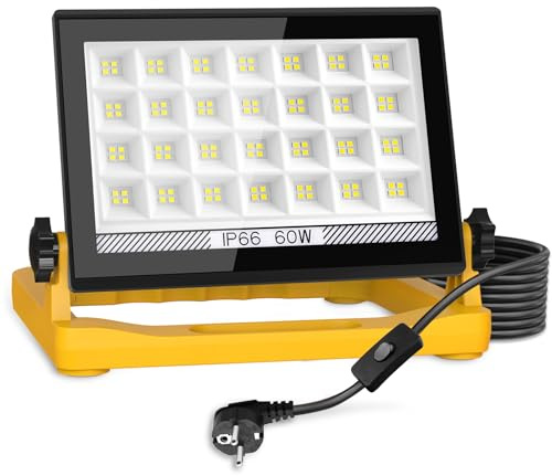 CORESLUX Projecteur LED Chantier 60W 6000K, Lampe de Chantier Éclairage 3 Modes, Étanche IP66, Avec Prise et Cordon de 4M, Portable Pour Garage, Atelier