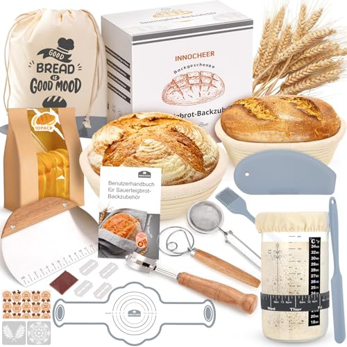 Gärkörbchen Für Sauerteig Starter Set, 25cm & 23cm Gärkorb Brot Backen, Sauerteig Starter Set Mit Sauerteig Starterglas, Brot Backen Startver Großes Geschenk Für Anfänger, Erfahrener Bäcker