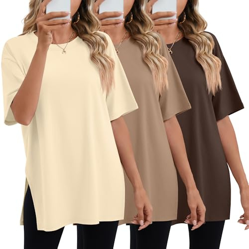 Geyoga Lot de 3 T-Shirts Oversize Femme | T-shirts Longs Coupe Ample, Hauts De Gym Baggy Ete, Manches Courtes, Col Rond, Fentes Laterales, Mode Grande Taille