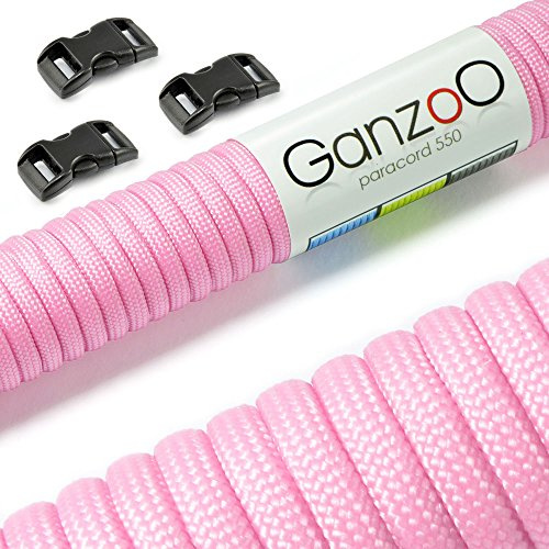 Ganzoo Paracord 550 rep set med 3 klickspännen i plast, rosa, 30 m 4 mm typ 3 nylon-polyester, 7 kärnsträngar, 32-flätad mantel för armband, hundhalsband, DIY