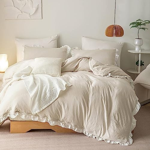 Lanqinglv Bettwäsche 220x240cm Beige Weiß mit Rüschen,aus 100% Weiche Microfaser Doppelbett - Wende Bettbezug 220x240cm + 2 Kissenbezug 80x80cm,mit Reißverschluss