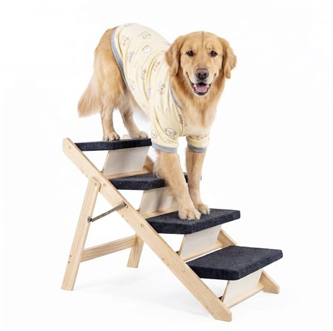 MEWANG Wood Pet Stairs & Ramp for Small/Medium Dogs and Cats, Aging Pets – 2-in-1 Foldable, Portable, Non-Slip Pet Ladder for Tall Beds, Couches,Cars–Holds Up to 220 lbs (31.5 L x 17.2 W x 25.0 H)