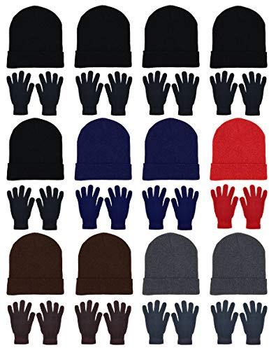 24x Winter Beanies & Gloves Combo Pack, Bulk Pack for Men Women, Warm Cozy Gift (Assorted #1)