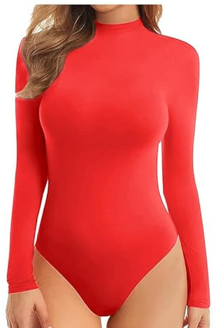 BODYWEAR LTD Body da donna a maniche lunghe elasticizzato con collo alto, Rosso, 8-10