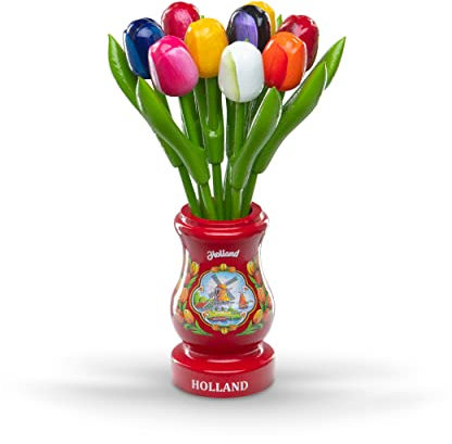 MomoMoments Ramo de tulipanes y jarrón de madera, 21 cm de alto, 9 tulipanes de madera pintados a mano, incluye jarrón rojo, ramo de flores decorativas, flores de madera, fabricado en Holanda