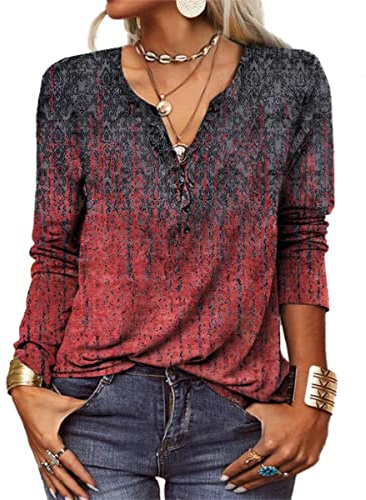 GRMLRPT Blusa para Mujer Manga Larga Camisa Cuello Redondo Botone Casual Top de Manga Larga Colorido Estampado Floral (Rojo,L)