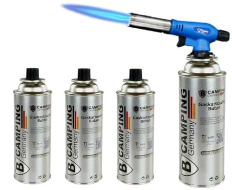 Bästa erbjudanden gasbrännare + 4 gaspatroner, lödbrännare bunsbrännare lödlampa brännare 4 x gasbrännarfäste med piezotändning blå