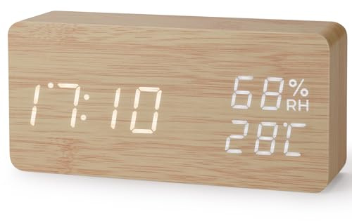 Virklyee väckarklocka av trä digital kubklocka Digital väckarklocka med LED-temperaturdisplay,12/24HR,3 nivåer justerbar ljusstyrka, med USB-laddningsport (Rektangel Logfärg)