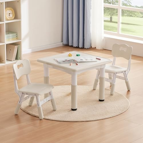 GITAWUSA Kids Study Table and Chairs Set, Height Adjustable Toddler Table and Chair Set for Kids Ages 3-8, 23.6 L x 23.6 W Graffiti Desktop Plastic Children Art Table with 2 Seats, Burlywood