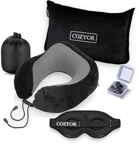 Cozyor Reiseset 4-teilig: Nackenkissen + Schlafmaske + Reisekissen & Reisedecke 2 in 1 + Ohrstöpsel, mit Rucksack-Clip & Kofferbefestigung, 100% Polyester für Flugzeug kompakt, Kinder & Erwachsene