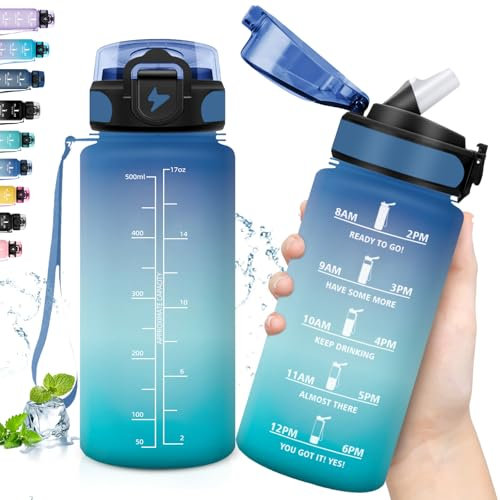 Grsta Gourde Enfant anti Fuite, Gourde Sport 500ml, Facile à Transporter, avec Paille avec Marqueur de Temps, Motivation, Bouteille d'eau pour l'École, Bureau, Extérieur