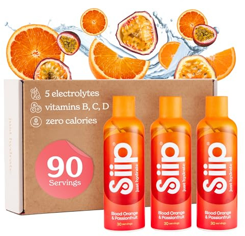 Siip Hydrate Liquid Electrolytes & Vitamins, Makes 90 Drinks, with Vitamin B12, Vitamin C, Vitamin D3, Magnesium, Zinc, Blood Orange & Passionfruit Flavour, Pack of 3