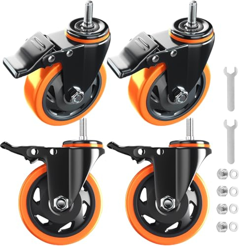 4 Inch Stem Caster Wheels Heavy Duty with Dual Locking 2000Lbs, Threaded Stem Casters 1/2 -13 x 1, Swivel Industrial Casters Set of 4, Wheels for Cart and Furniture
