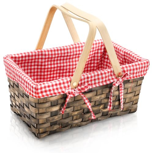 Yesland Petit panier de pique-nique, panier tissé avec double poignées pliantes, panier en osier et organisateur de couverture avec doublure rouge et blanche pour la collecte des œufs, les mariages,