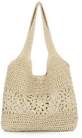 EVEOUT Sac Cabas en Raphia Tressé Femme été Grand Léger Boho Sac de Plage Tressé Léger Sac Fourre-tout Paille Tissé pour Vacances(Beige)