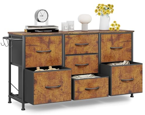 Chest of Drawers Bedroom - Hallway Rustic Clothes Storage Drawers - Living Room industrial Style Storage Unit with 7 Drawers - Vintage Fabric Wardrobe Dresser Metal Frame - Rustic Brown 100x30x55cm