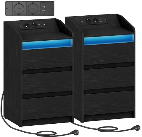 Hzuaneri Comodino Set di 2 con 3 Cassetti, Tavolino con Stazione di Ricarica LED, 2 Prese CA e 2 Porte USB per Camera da Letto, Soggiorno, Nero NS40104X