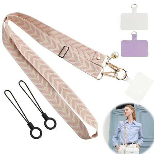 KeyQueen Cuerda para Movil, Cordón de Correa Colgante para Movil Universal Ajustable con 2 Parche, Colgador Móvil Cuello para Mujeres Multifuncional para Todos los Smartphones(Rosado)