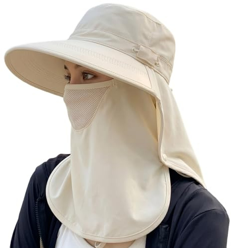 howkuhat Women's Bucket Sun Hat UV Protection Wide Brim with Detachable Face Cover Neck Flap Breathable Cycling Hiking Cap(UK, Alpha, One Size, Beige)