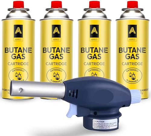 Aspect Blow Torch Head Butane Weed Burner Auto Ignition Welding Gas Flamethrower for Cooking, Catering Culinary, Blower Crafts, Camping BBQ & Fire Starter (Head + 4 Butane Gas)