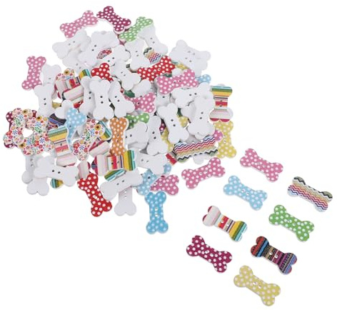 HOODANCOS 100 Bottoni in Legno a Forma di Osso per Scrapbooking e Cucito, 25x13 Mm, Decorativi Stampa Bianca su Fondo Naturale, per Lavori a Maglia, Accessori Fai da Te e Progetti