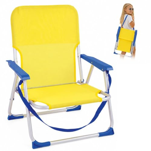 Silla de Camping para Niños - Plegable y Peso Ligero - Playa, Terraza, Jardin - 24cm Altura Asiento - Asa para Fácil Transporte y Reposabrazos - Textileno y Aluminio - A Partir de 6 años (Amarillo)