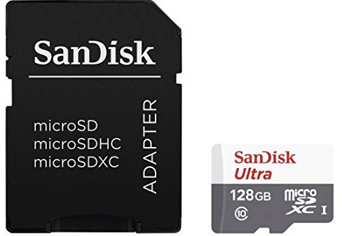SanDisk Ultra MicroSDXC 128GB UHS-I + SD Adapter Memoria Flash Clase 10 - Tarjeta de Memoria (128 GB, MicroSDXC, Clase 10, UHS-I, 80 MB/s, Gris, Blanco)