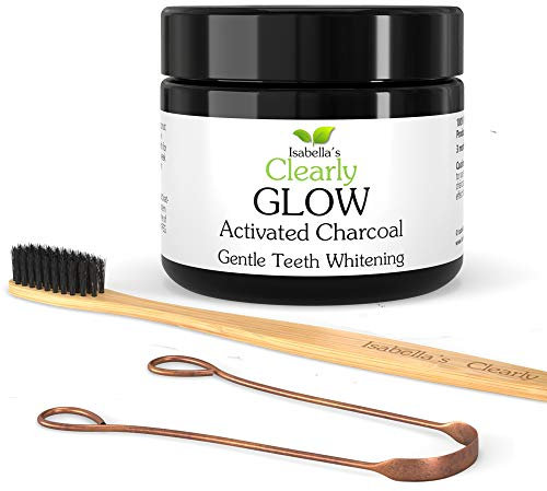 Clearly Glow Teeth Whitening Kit (4 Piece) | Pure Food Grade Activated Charcoal Powder + Bamboo Ultra Soft Toothbrush + Copper Tongue Cleaner + Eco Friendly Gift Bag