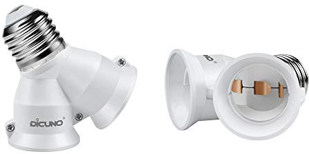 DiCUNO 2 in 1 E26 Socket Splitter Adapter, 2 E26 Standard Medium Base Bulbs in 1 Socket, Y-Shape Lamp Holder Converter, Maximum 200W and 165℃ Heat Resistant Light Bulb Splitter, 2-Pack