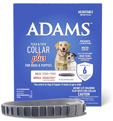 ADAMS Flea & Tick Collar Plus for Dogs & Puppies, 12 Months Protection Against Flea Infestations, Kills Fleas & Ticks, Repels Mosquitoes for Up to 6 Months (Excl. California), One Size Fits All, 1 ct