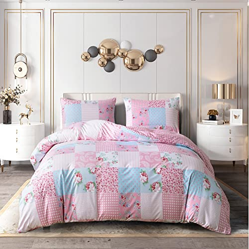 PRIME LINENS Duvet Cover Set 4 Pcs Polyester-Cotton Quilt Cover Bedding Set With Pillow Cases and Extra Fitted Sheet Included Easy Care (Floral Pink, King)