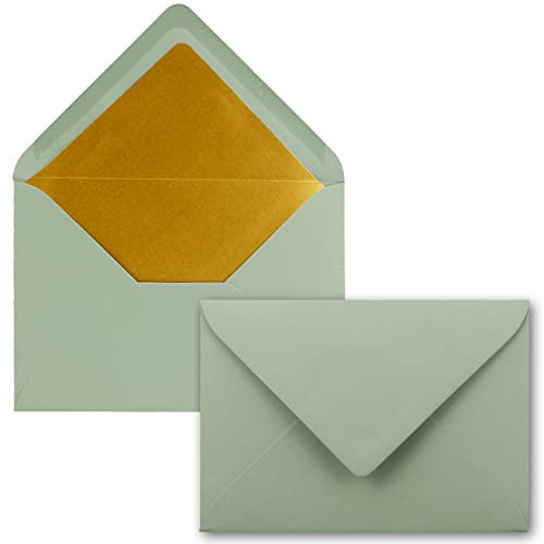 50x Briefumschläge B6 mit Gold Innenfutter - 12,5 x 17,6 cm - Eukalyptus - gefüttert mit metallic Papier - Nassklebung - FarbenFroh by GUSTAV NEUSER