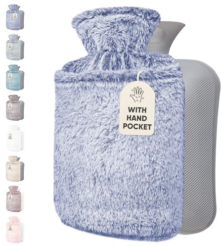 Qomfor Wärmflasche mit weichem Bezug - 2L Wärmeflasche mit Kängurutasche Auslaufsicher - Bettflasche für Erwachsene und Kinder, ideal für Schmerzlinderung - Flauschigem Kuschelbezug (Blau)