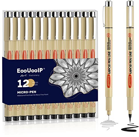 EooUooIP Schwarz Fineliner Stifte Set,12 Stück Micron Fineliner,Tintenstift,Schwarzer Filzstiften,Pigment Liner Set,Wasserfest,Stifte für Künstler, Illustration, Skizzen, Technisches Zeichnen